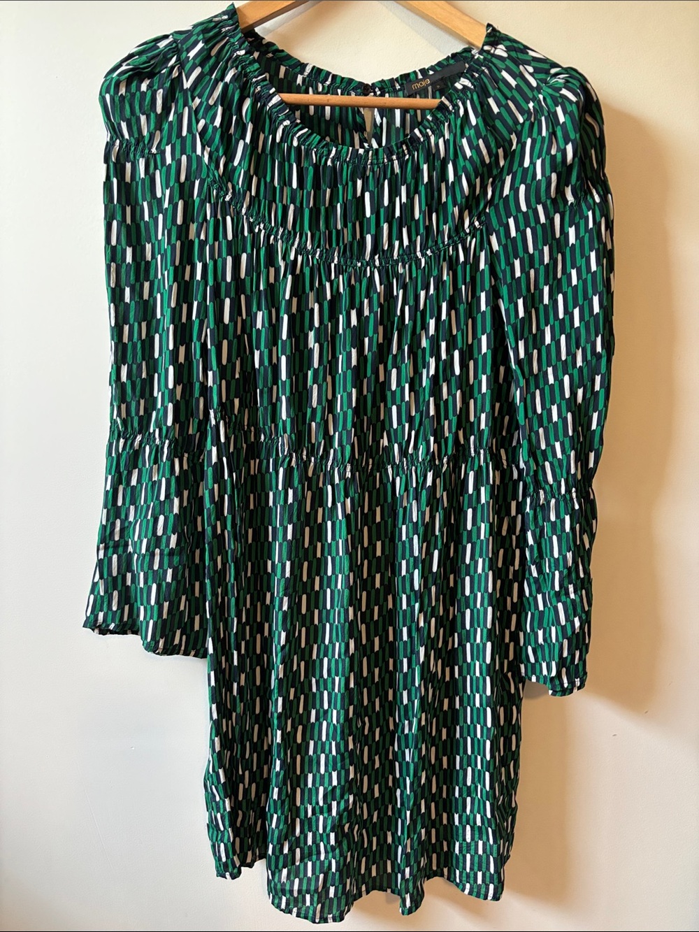 Maje Revalou Green and White Geometric Silk Blend Chiffon Dress